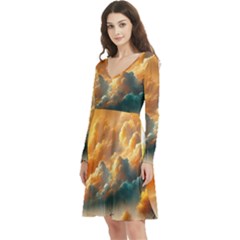 Long Sleeve V-neck skater dress with Pockets 