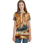 Nature Storm Painting Women s Zip Front V-Neck Short Sleeve Casual Top Pocket Shirt