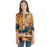 Nature Storm Painting Women s Zip Front V-Neck 3/4 Sleeve Casual Top Pocket Shirt