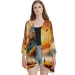 Nature Storm Painting Open Front 3/4 Sleeve Batwing Chiffon Cardigan Kimono