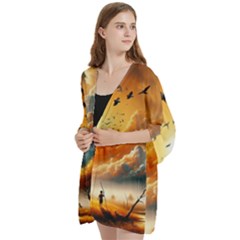 Open Front 3/4 Sleeve Batwing Chiffon Cardigan Kimono 