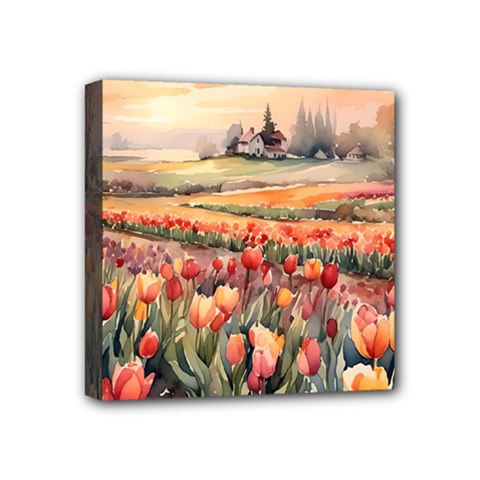 Tulips Field Tree Mini Canvas 4  x 4  (Stretched) from ArtsNow.com