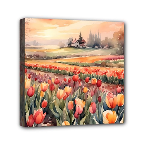 Tulips Field Tree Mini Canvas 6  x 6  (Stretched) from ArtsNow.com