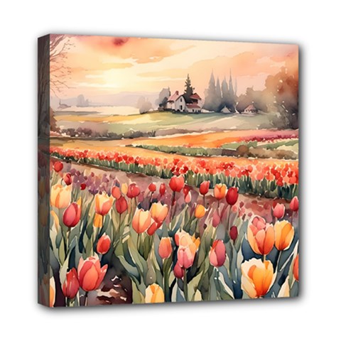 Tulips Field Tree Mini Canvas 8  x 8  (Stretched) from ArtsNow.com
