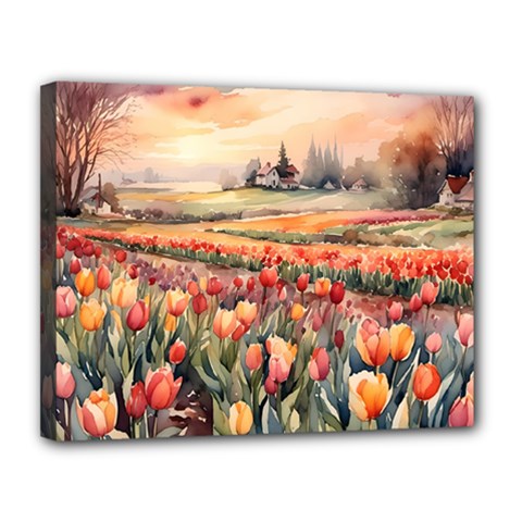Tulips Field Tree Canvas 14  x 11  (Stretched) from ArtsNow.com