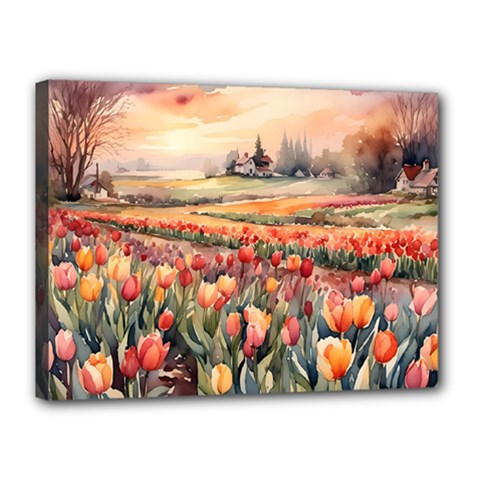 Tulips Field Tree Canvas 16  x 12  (Stretched) from ArtsNow.com