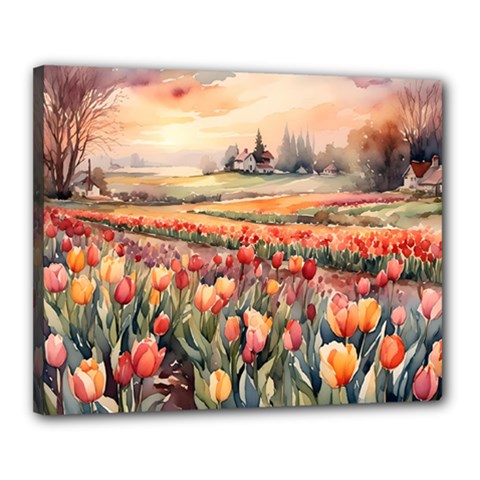 Tulips Field Tree Canvas 20  x 16  (Stretched) from ArtsNow.com