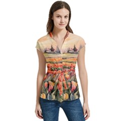 Women s Cap Sleeve Mandarin Collar Waist Tie Blouse 