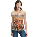 Tulips Field Tree Women s Cap Sleeve Mandarin Collar Waist Tie Blouse