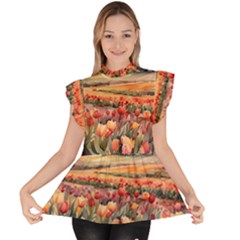Ruffle Collar Short Sleeve Chiffon Top 