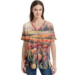 V-Neck Split Shoulder Casual T-Shirt 