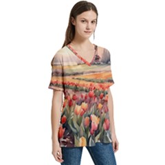 V-Neck Split Shoulder Casual T-Shirt 
