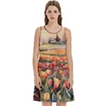 Tulips Field Tree Round Neck Sleeve Casual Dress With Pockets