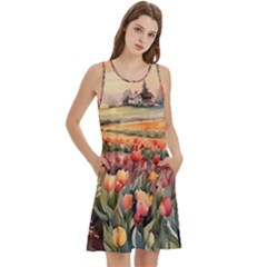 Round Neck Sleeve Casual Dress With Pockets 
