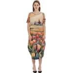 Tulips Field Tree Cold Shoulder Loose Fit Dress With Pockets