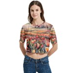Tulips Field Tree Women s Round Neck Short Sleeve Crop Top