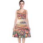 Tulips Field Tree V-Neck Midi Sleeveless Dress 