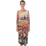 Tulips Field Tree Quarter Sleeve Midi Bodycon Dress