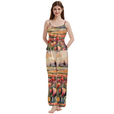 Tulips Field Tree Spaghetti Top Long Pants Satin Pajamas Set from ArtsNow.com