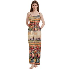 Tulips Field Tree Spaghetti Top Long Pants Satin Pajamas Set from ArtsNow.com