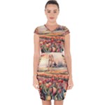 Tulips Field Tree Capsleeve Drawstring Dress 