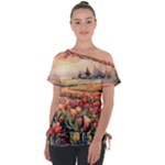 Tulips Field Tree Off Shoulder Tie-Up T-Shirt