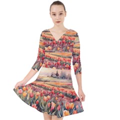 Quarter Sleeve Front Wrap Dress 