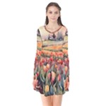 Tulips Field Tree Long Sleeve V-neck Flare Dress