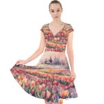 Tulips Field Tree Cap Sleeve Front Wrap Midi Dress