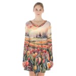 Tulips Field Tree Long Sleeve Velvet V-neck Dress