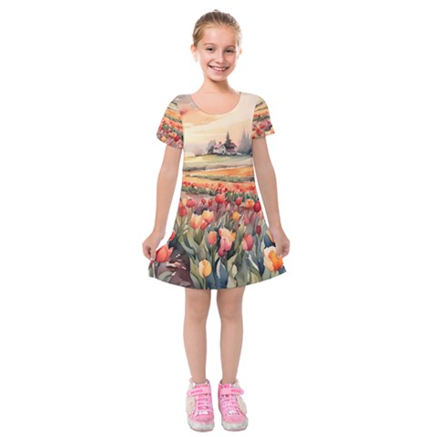 Tulips Field Tree Kids  Short Sleeve Velvet Dress from ArtsNow.com