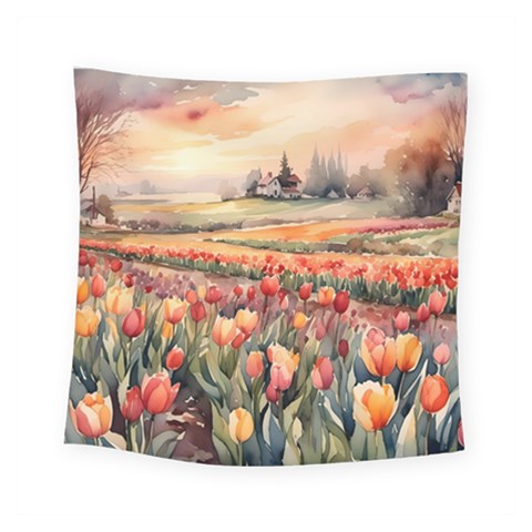 Tulips Field Tree Square Tapestry (Small) from ArtsNow.com