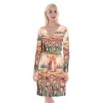 Tulips Field Tree Long Sleeve Velvet Front Wrap Dress