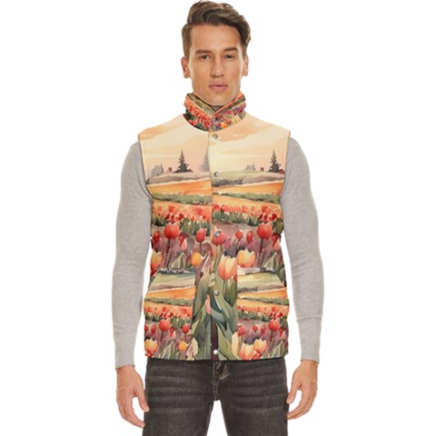 Tulips Field Tree Men s High Neck Button Up Puffer Vest from ArtsNow.com