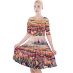 Tulips Field Tree Quarter Sleeve A-Line Dress With Pockets