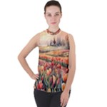 Tulips Field Tree Mock Neck Chiffon Sleeveless Top