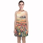 Tulips Field Tree Velvet Halter Neckline Dress 