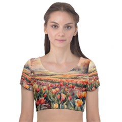 Velvet Short Sleeve Crop Top  