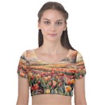 Tulips Field Tree Velvet Short Sleeve Crop Top 