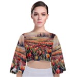 Tulips Field Tree Tie Back Butterfly Sleeve Chiffon Top