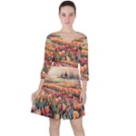Tulips Field Tree Quarter Sleeve Ruffle Waist Dress