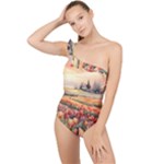 Tulips Field Tree Frilly One Shoulder Swimsuit