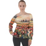 Tulips Field Tree Off Shoulder Long Sleeve Velour Top