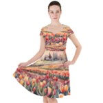 Tulips Field Tree Cap Sleeve Midi Dress With Pockets