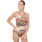 Tulips Field Tree High Neck One Piece Swimsuit