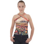 Tulips Field Tree Cross Neck Velour Top