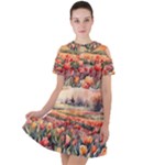 Tulips Field Tree Short Sleeve Shoulder Cut Out Dress 