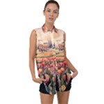 Tulips Field Tree Sleeveless Chiffon Button Shirt