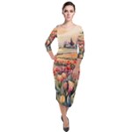 Tulips Field Tree Quarter Sleeve Midi Velour Bodycon Dress