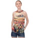 Tulips Field Tree High Neck Satin Top